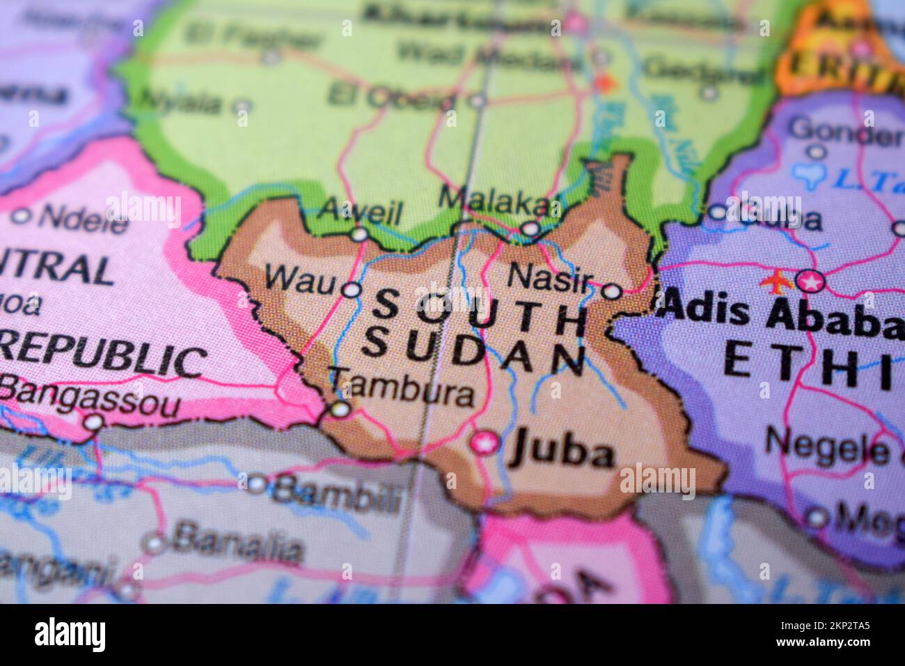 South Sudan Travel Concept Country Name On The Political World Map Very Macro Close-Up View Stock Photograph Stock Photo