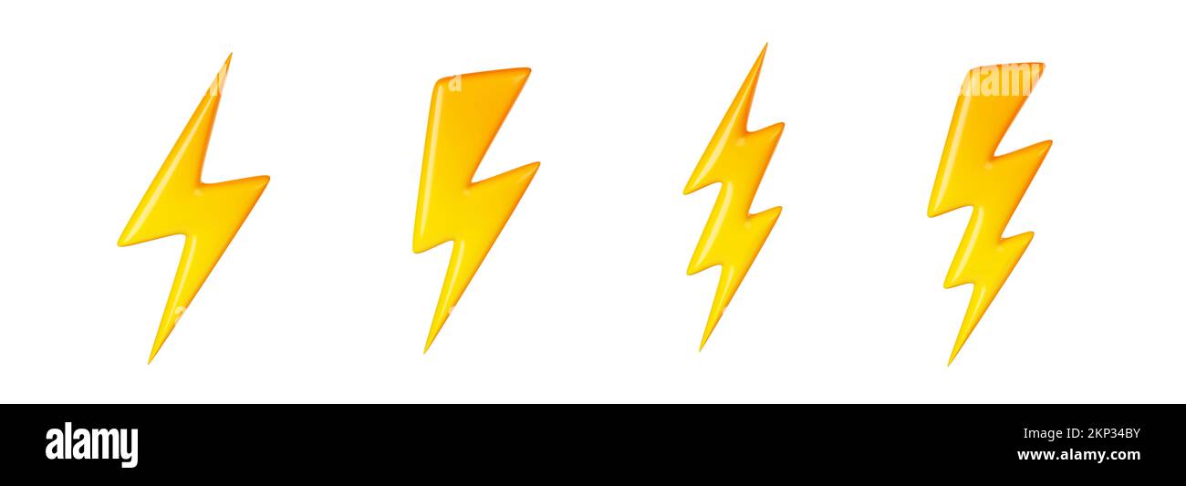 3D render flash, lightning, sale yellow thunder bolt storm charges.  Electricity, blitz strikes digital elements. Discount, bright idea concept  Illustration in cartoon plastic style on white background Stock Photo -  Alamy