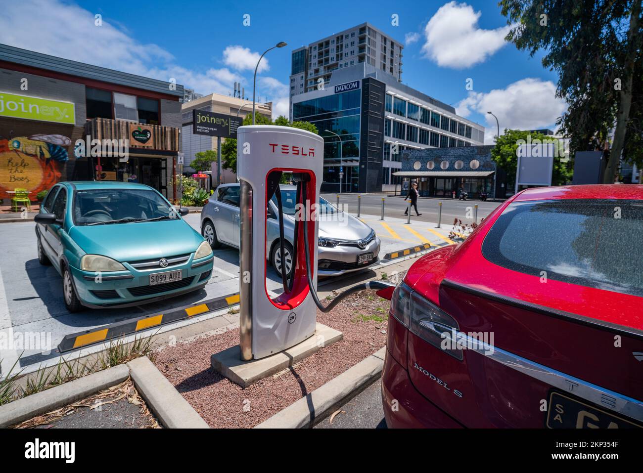 Tesla electric car charging station, Adelaide, Australia Stock Photo