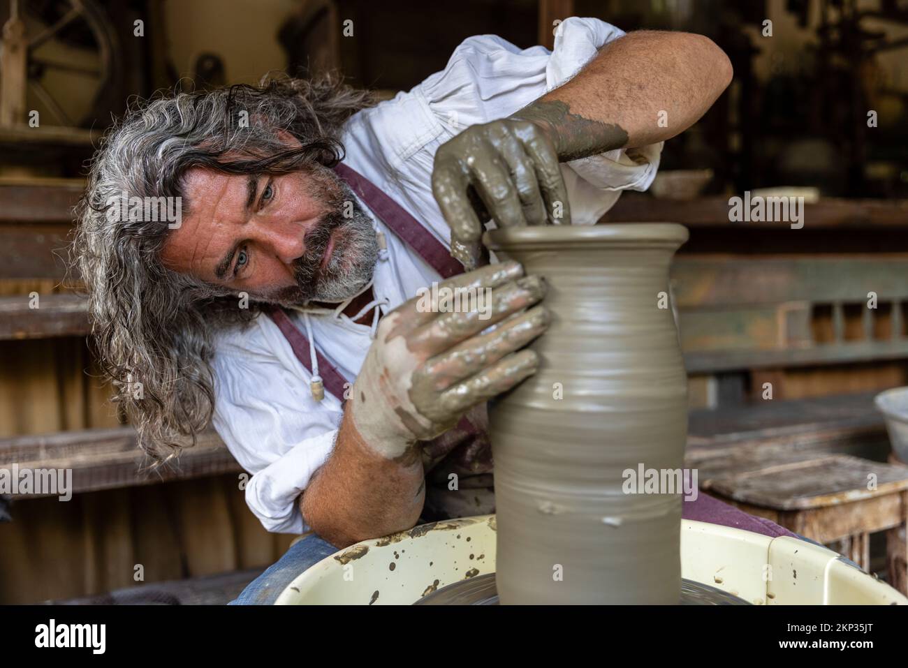 Potter and ceramicist at Casa Olarului in Vama Baia Mare, Satu Mare, Romania Stock Photo