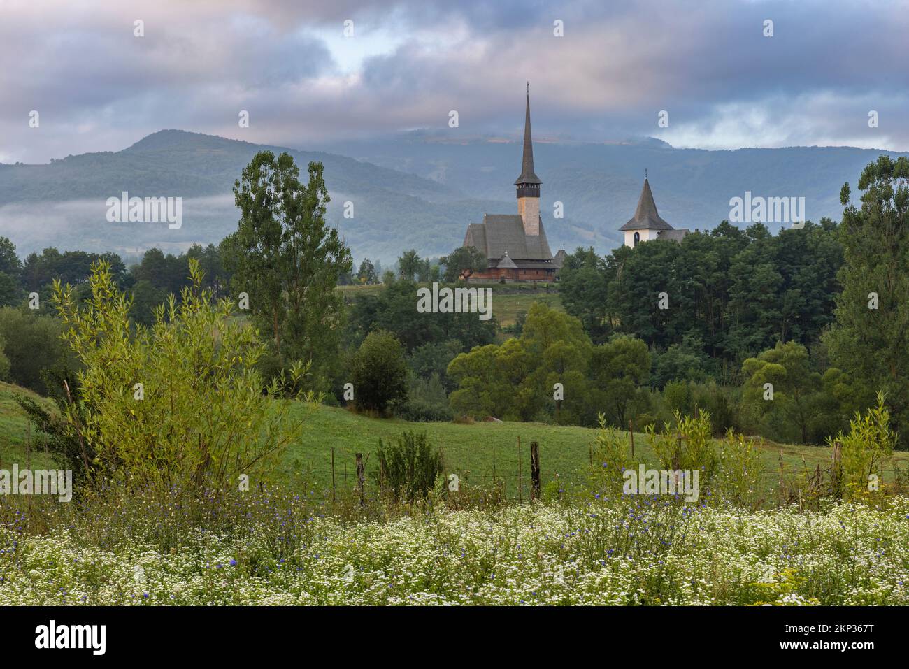 Sunrise with the Monastery of the Holy Three Hierarchs, Leud village, Romania Stock Photo