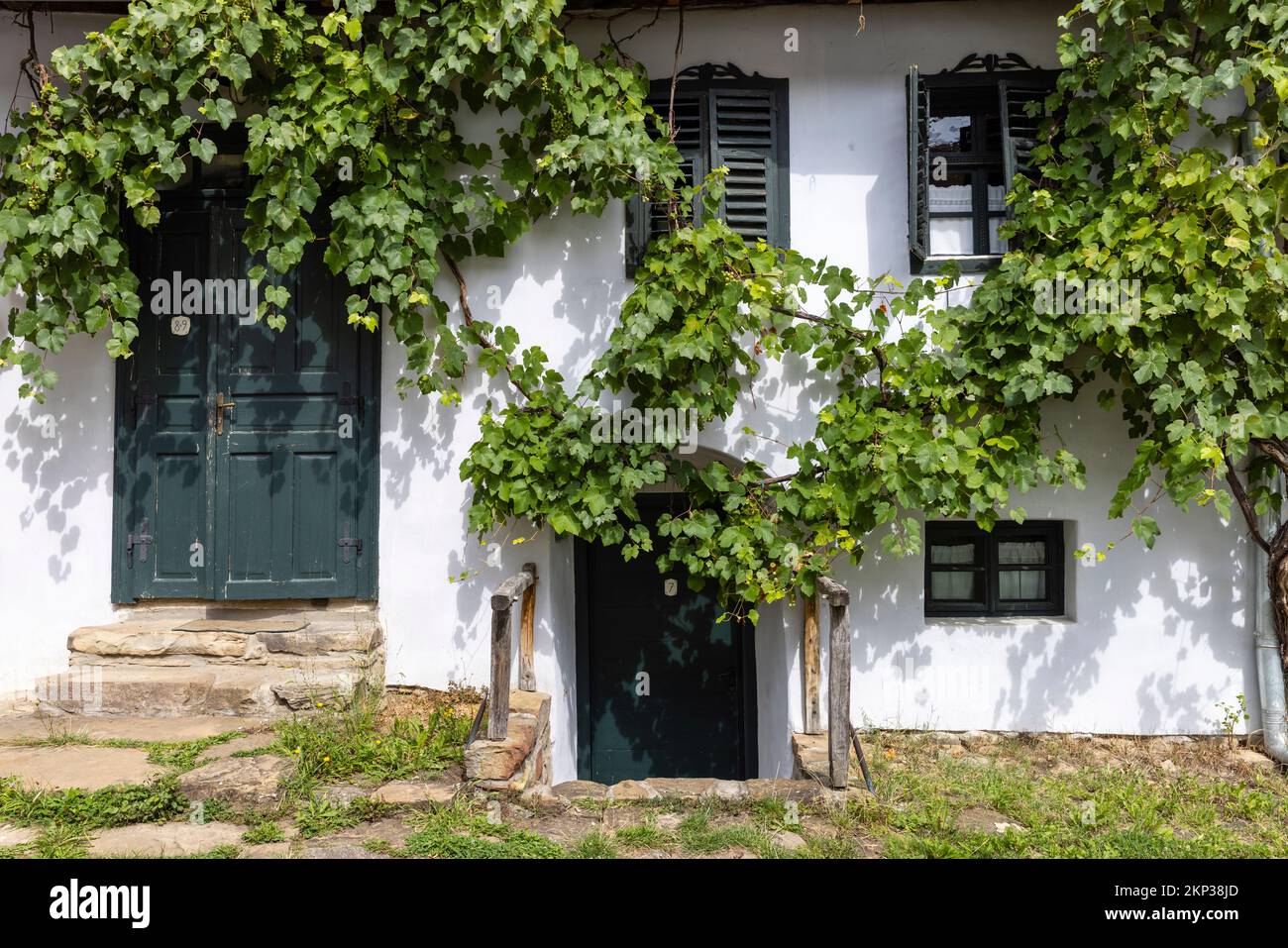 Traditional Viscri guesthouse with ivy in Transylvania, Romania Stock Photo