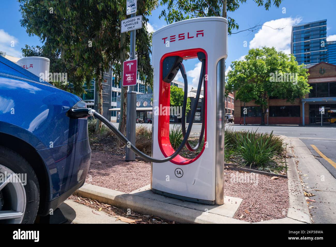 Tesla electric car charging station, Adelaide, Australia Stock Photo
