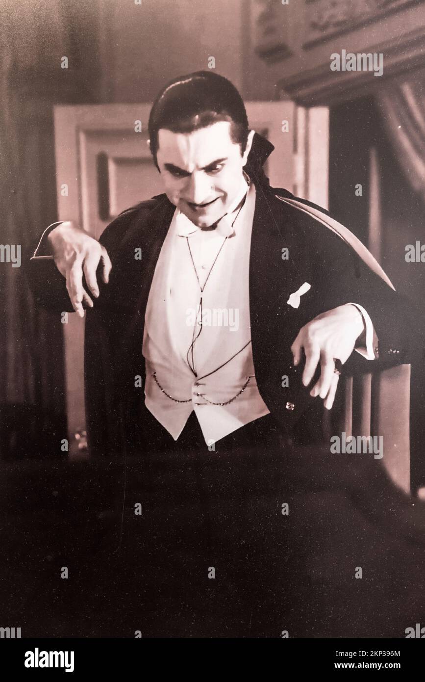 Bela Lugosi in the 1931 film Dracula, displayed in Bran Castle, Dracula’s Castle, in Transylvania, Romania Stock Photo