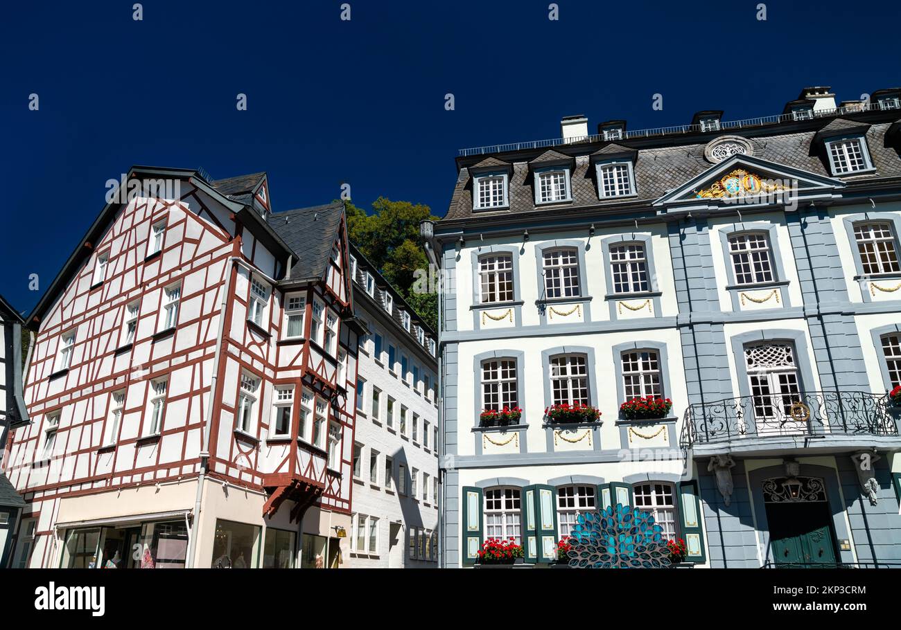 Traditional half-timbered houses of Monschau in North Rhine-Westphalia, Germany Stock Photo