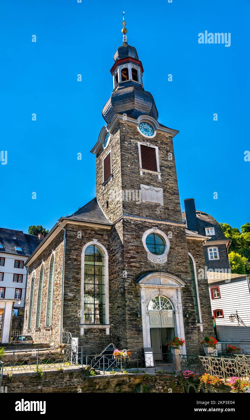 Evangelical City Church in the historic town of Monschau in North Eifel, Germany Stock Photo