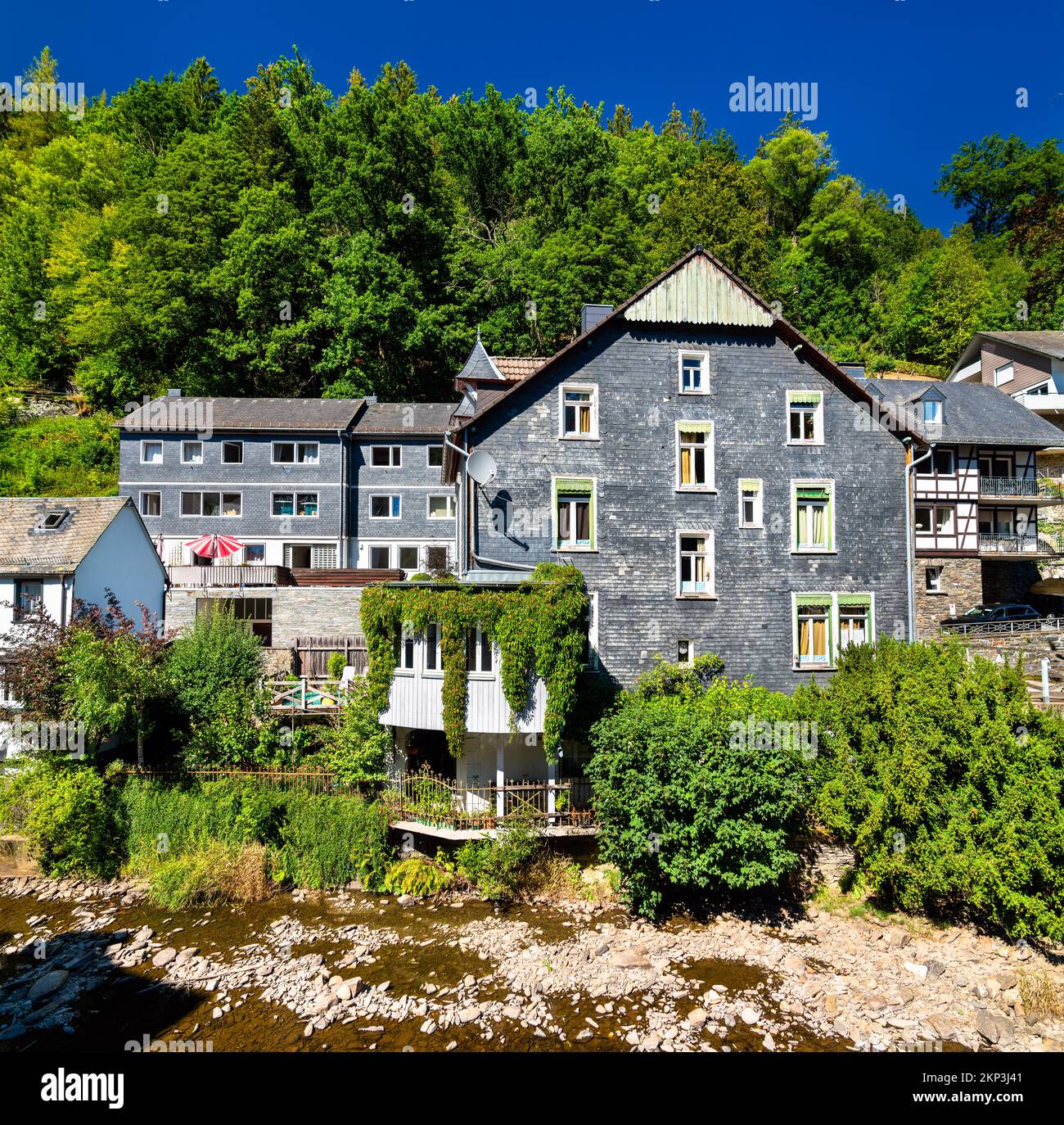 Monschau town above the Rur river in North Rhine-Westphalia, Germany Stock Photo