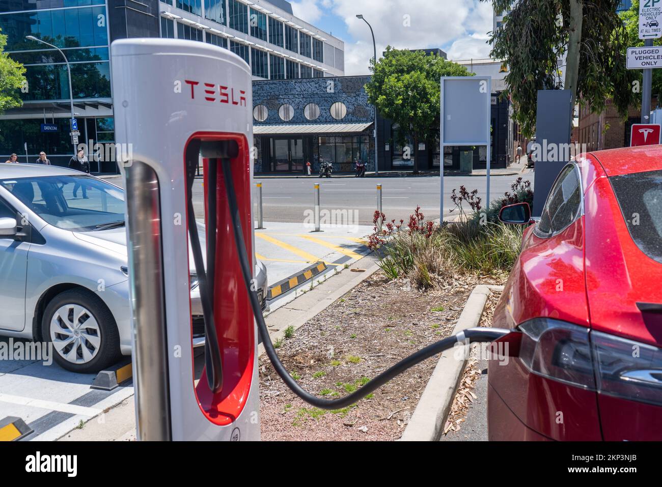 Tesla electric car charging station, Adelaide, Australia Stock Photo