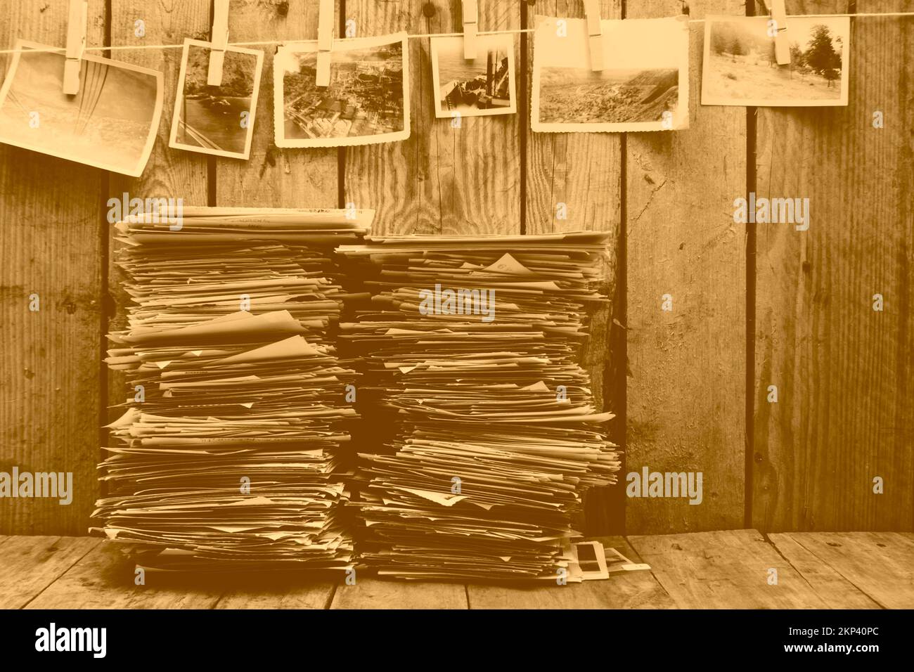 Albums from ages past piled up in a stacked scene of collectors nostalgia. Photographic memories Stock Photo