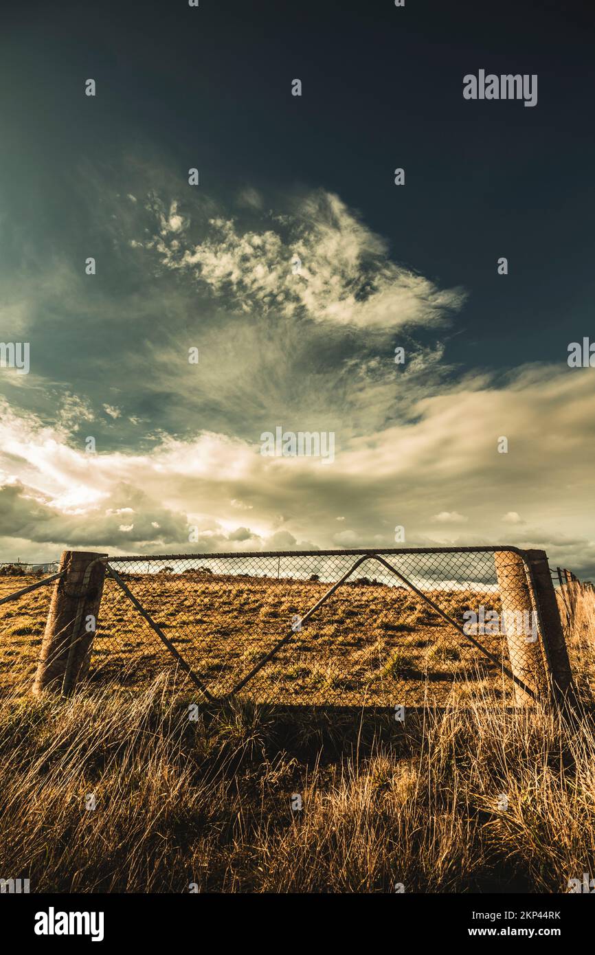 Dramatic Australian landscape of a typical fence closed to a farm field