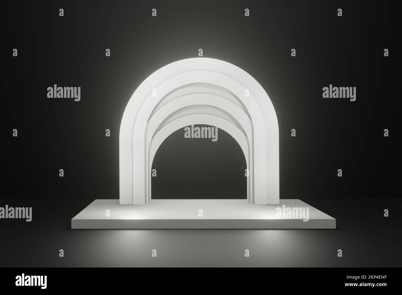 empty stage podium with white shining arch on dark background, paradise arch scene 3d render. Stock Photo