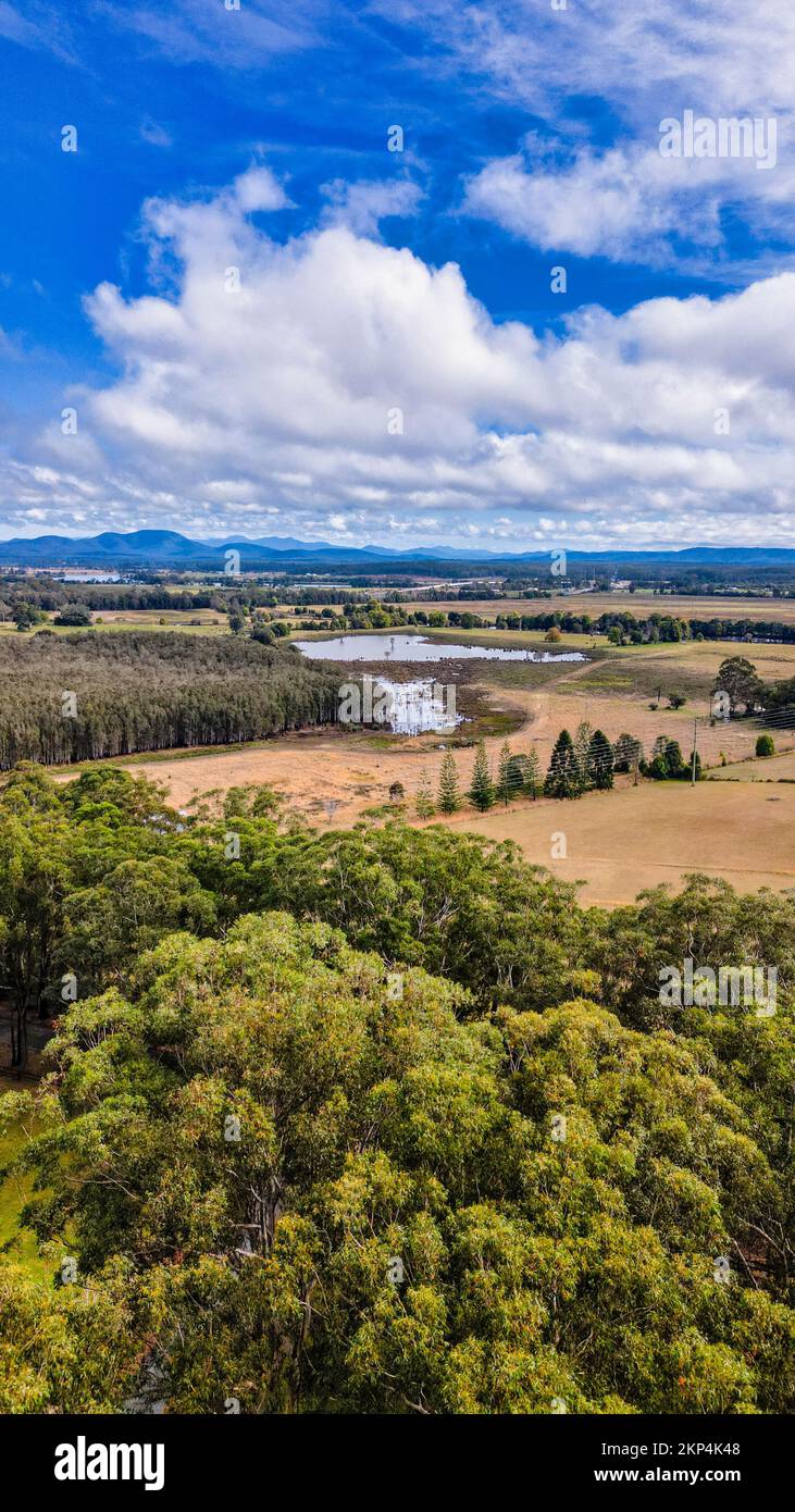 The vertical aerial view of fields and trees under the blue sky in the countryside of Fernbank Creek Stock Photo
