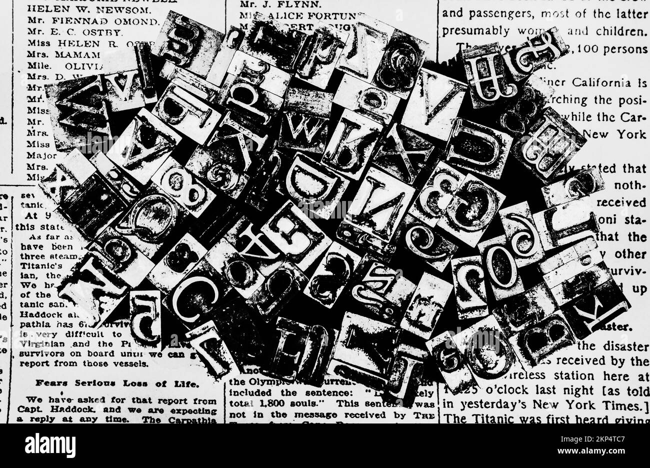 Top down typographic design on a letterpress of metallic blocks on