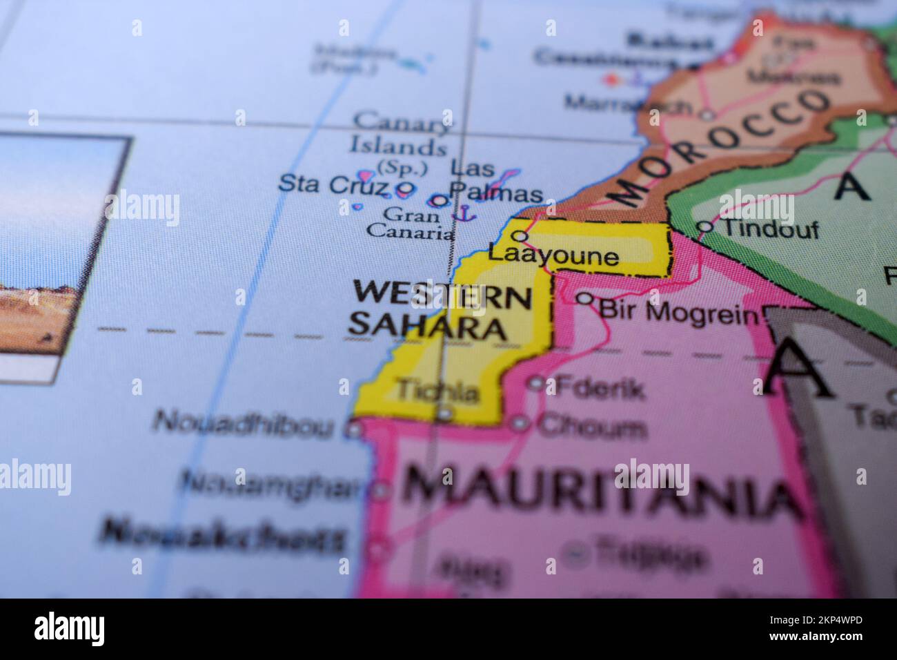 Western Sahara Travel Concept Country Name On The Political World Map Very Macro Close-Up View Stock Photo