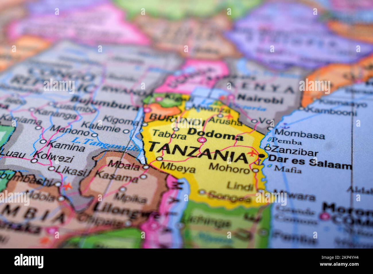 Dodoma Travel Concept Country Name On The Political World Map Very Macro Close-Up View Stock Photo