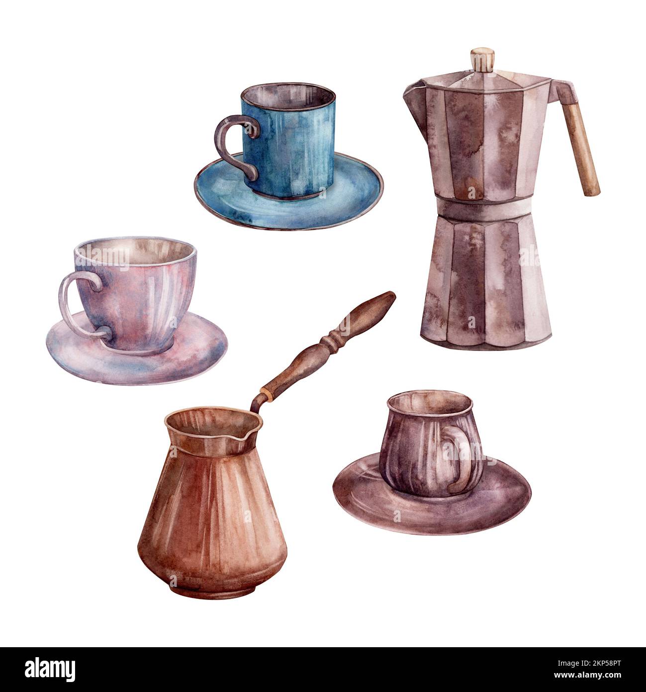 Cup, saucer, cezve Watercolor. Set. Illustration for clipart. Designed