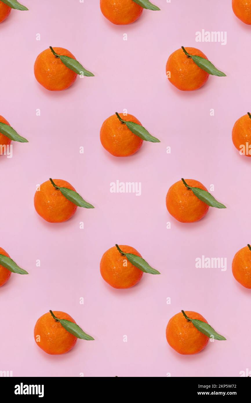Mandarin oranges pattern on pink background. Creative pattern, fruit background. Stock Photo