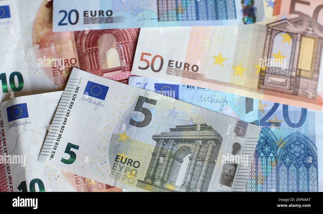 File photo dated 26/01/15 of fifty, twenty, ten, and five euro notes. A report has found that Ireland's productivity levels have grown to 40% above Northern Ireland's in the last 20 years. It also revealed that export intensity is an important factor in driving Irish economic productivity. Issue date: Monday November 28, 2022. Stock Photo