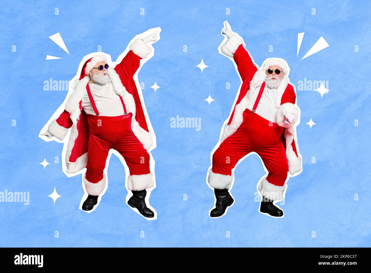 Creative retro 3d magazine collage image of funky two santas dancing
