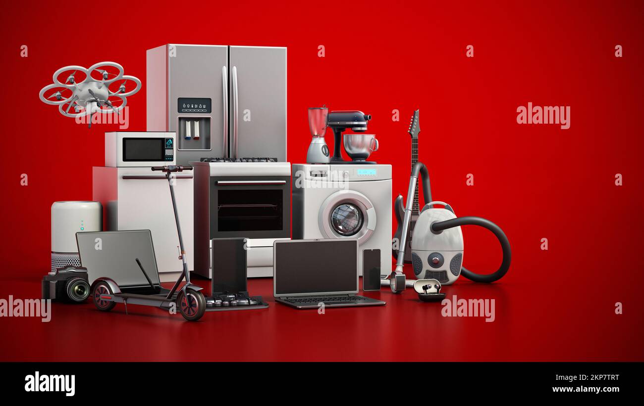 Group of home appliances and consumer electronics standing on red background. 3D illustration. Stock Photo