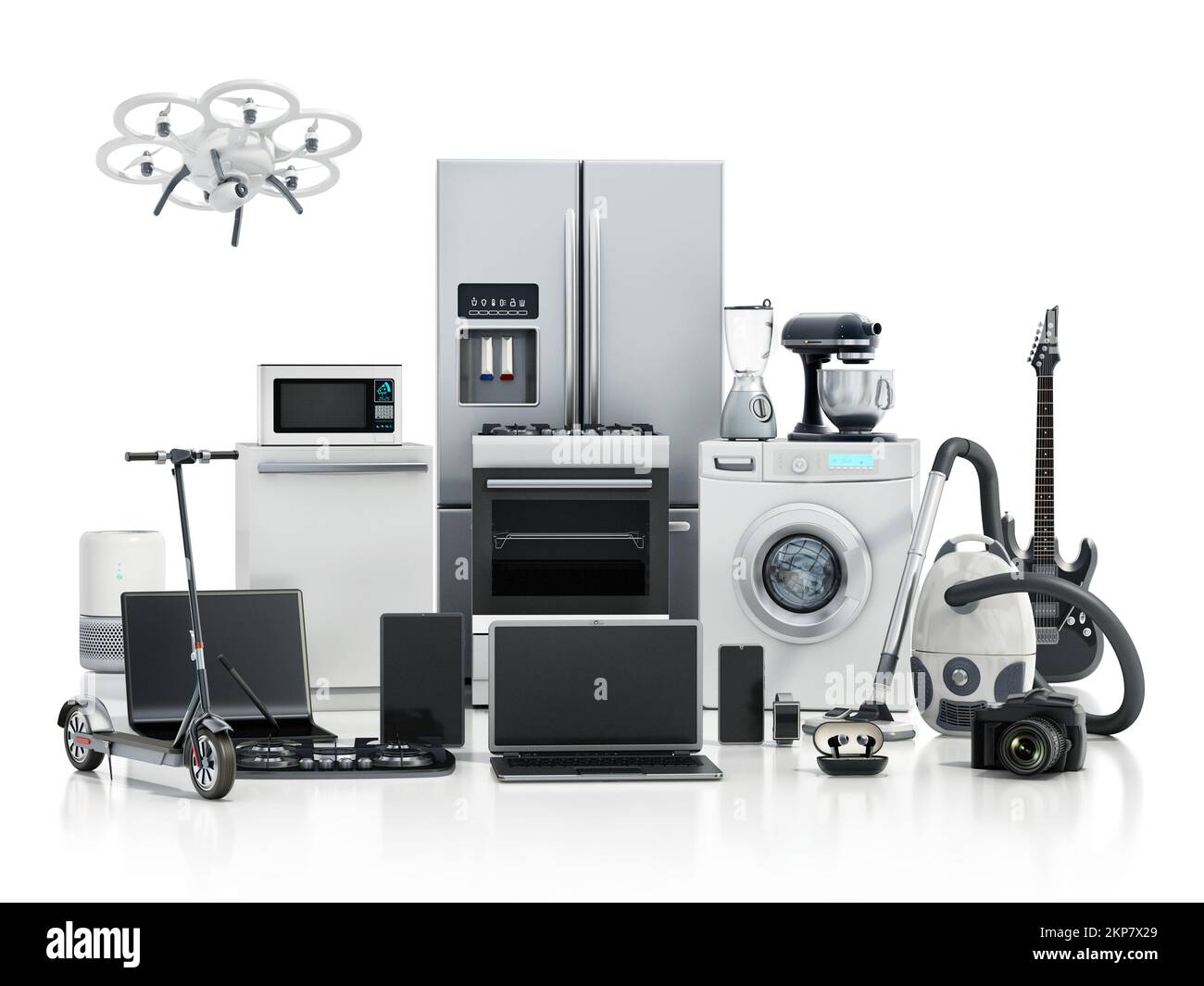 Group of home appliances and consumer electronics isolated on white background. 3D illustration. Stock Photo