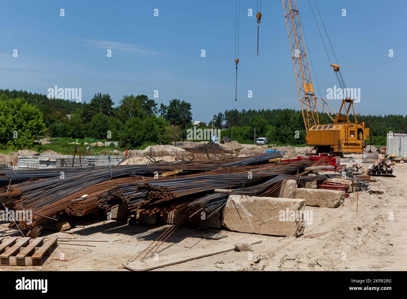 Construction fittings at the construction site. Steel reinforced