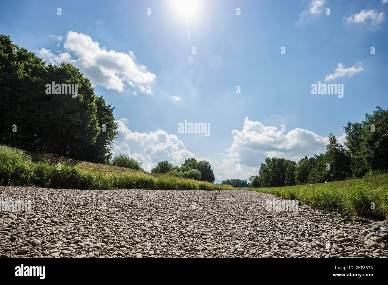 Dried-up river, climate change, heat, Dreisam near Freiburg im Breisgau, Baden-Württemberg, Germany, Europe Stock Photo