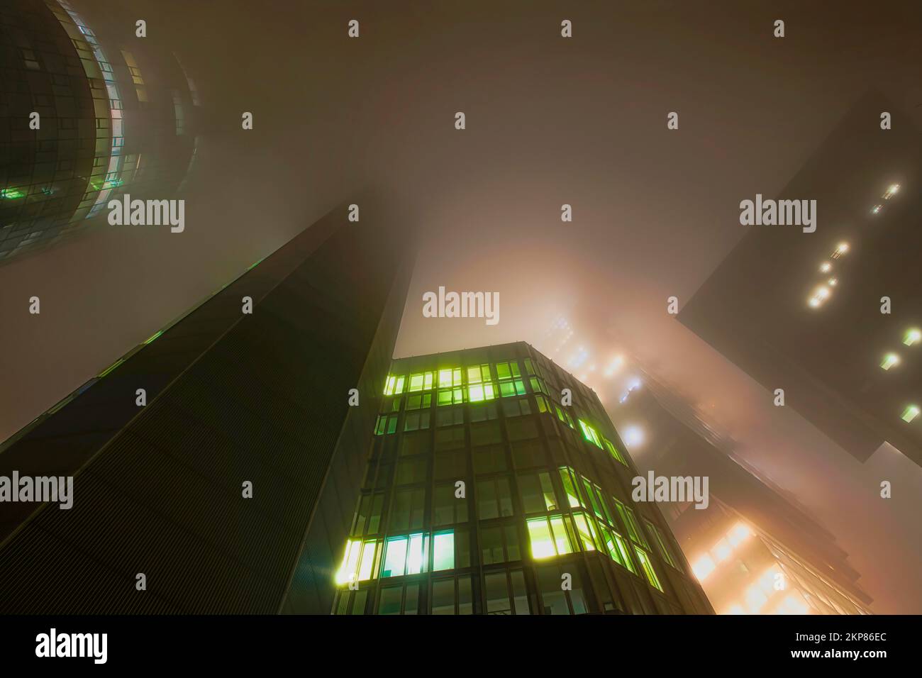 Illuminated skyscrapers in the fog at night, Garden Tower in the middle, Omniturm right behind, Japan Center right, Main Tower left, banking district, Stock Photo