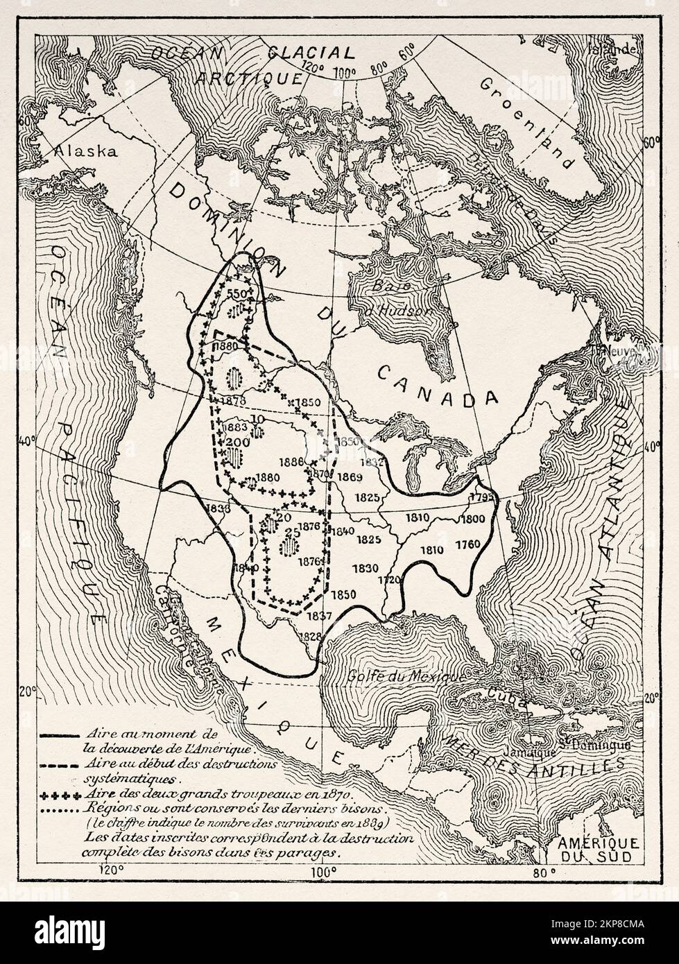 Map illustrating the extermination of the American bison in the United States from 1730 to 1890, USA. Old 19th century engraved illustration from La Nature 1890 Stock Photo