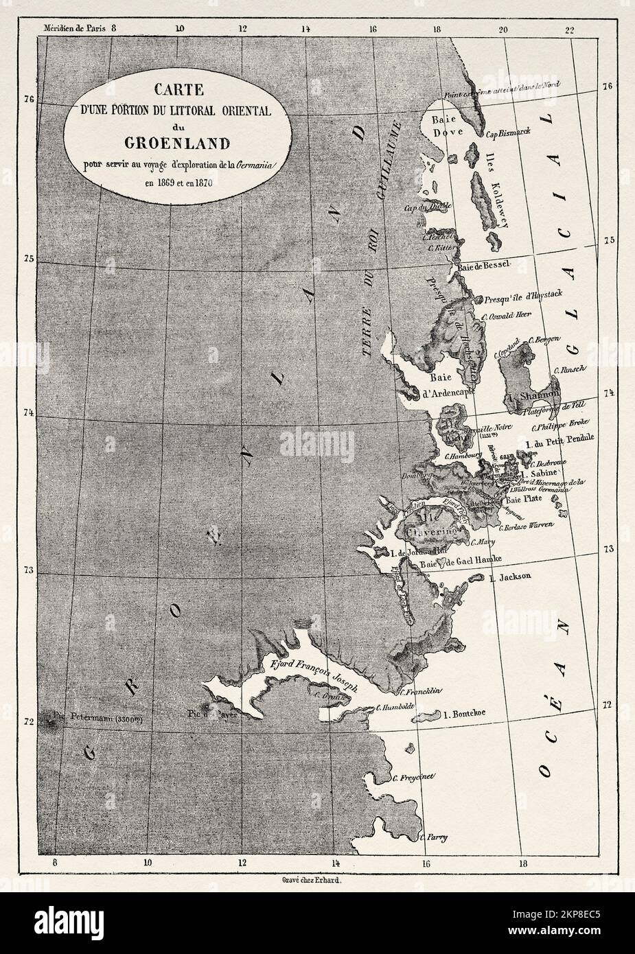 Map of a portion of the east coast of Greenland for use in La Germania's voyage of exploration in 1869-1870. Second German expedition to the North Pole with the ships Germania and Hansa, 1869 Stock Photo