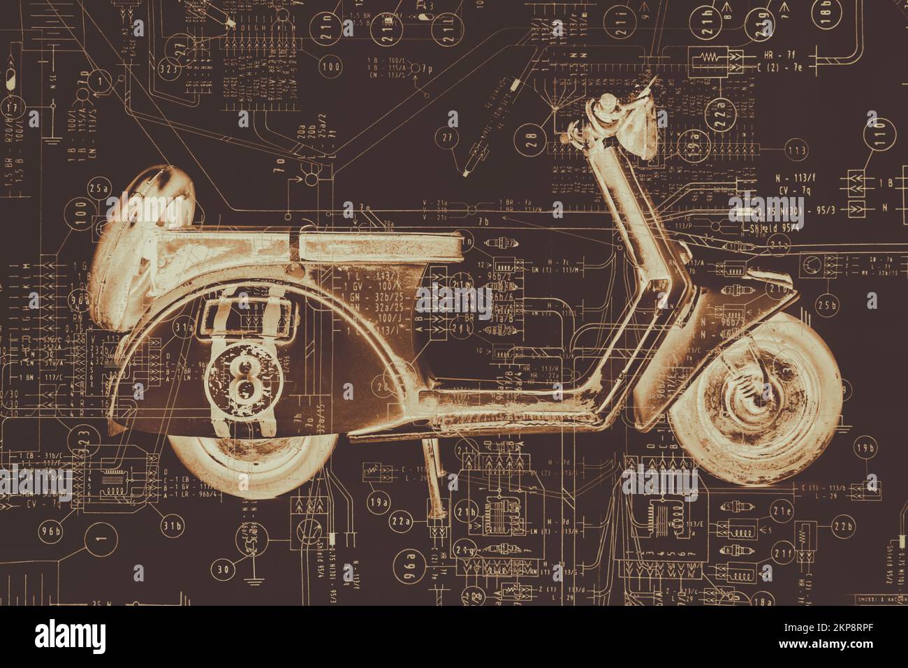 Factory art on a complex machine blueprint with a complex array of bike