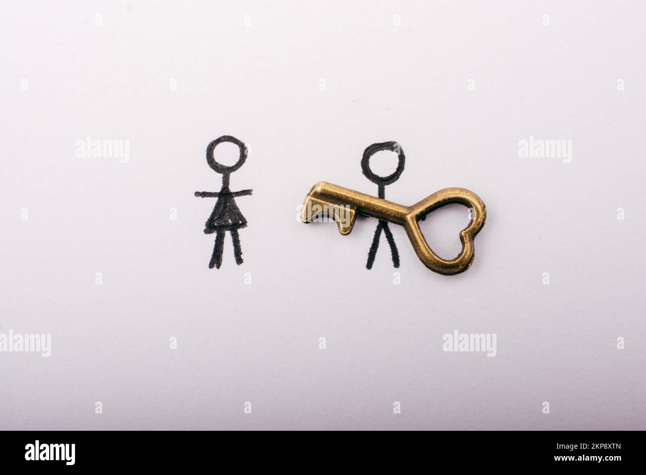 Stick man, woman and heart shaped key on white background Stock Photo ...
