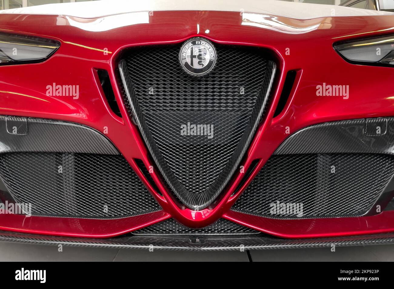 Details of front with black and white logo radiator grille Scudetto of limited to 500 pieces Italian sports car Alfa Romeo Giulia GTAm, Germany, Europ Stock Photo