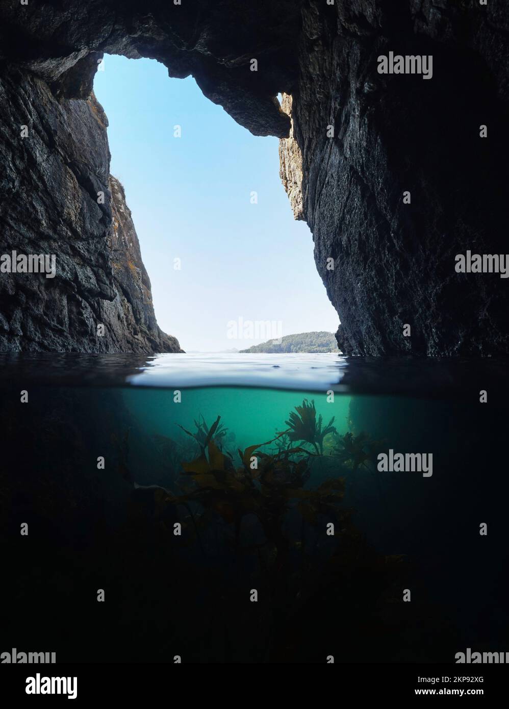 Cave on the sea shore with kelp underwater, Atlantic ocean, seascape over and under water surface, Spain, Galicia, Rias Baixas Stock Photo
