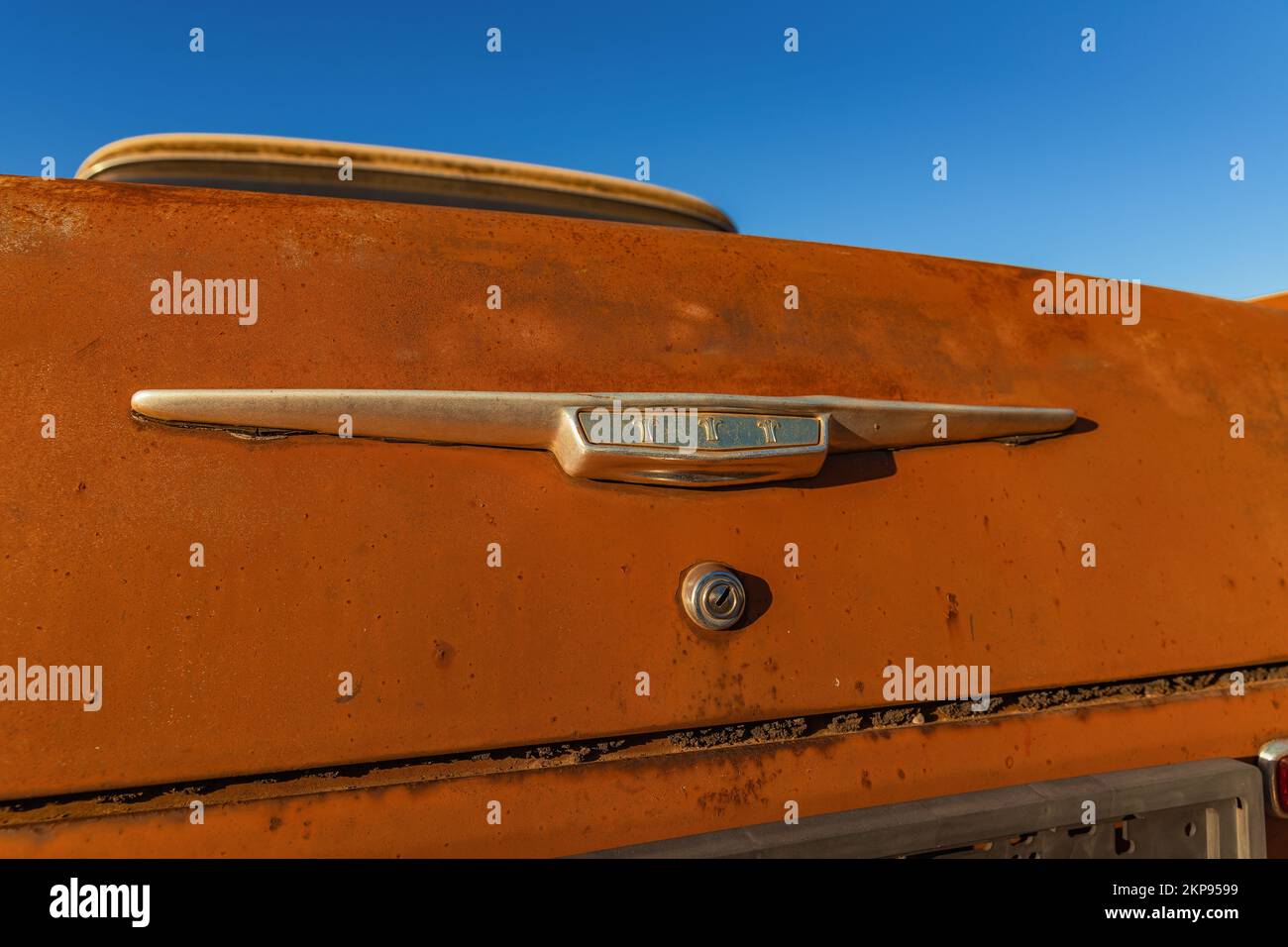 The vintage old beautiful Opel Rekord car stay on the dump Stock Photo