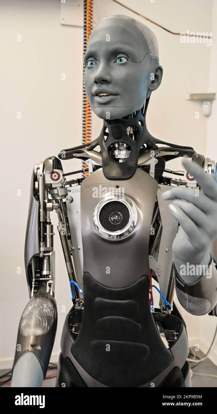 Life-like robotics. Ameca, a humanoid robot made by Engineered Arts, of Falmouth, Cornwall, UK Stock Photo