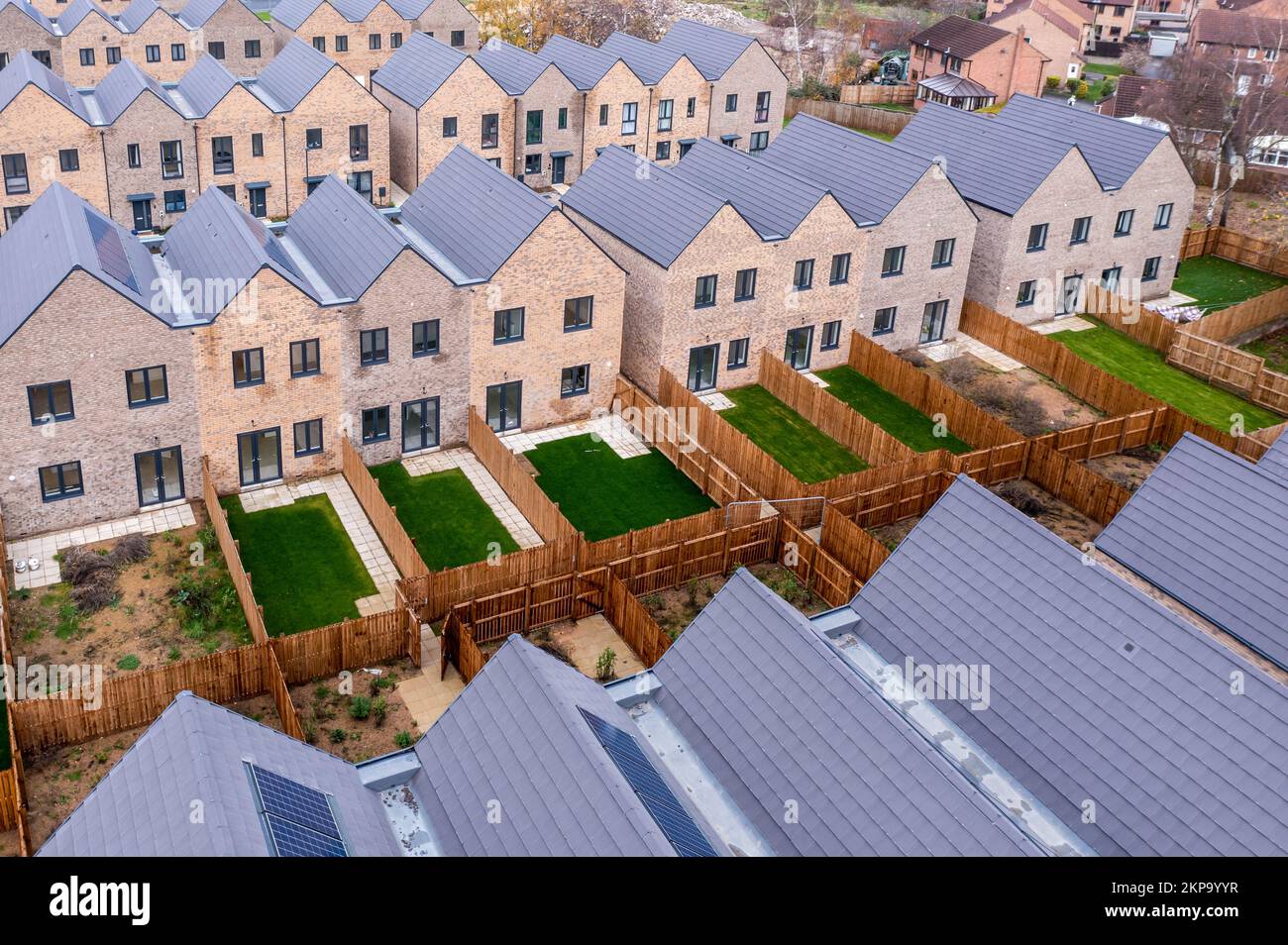 Aerial view of rows of energy efficient new build modular terraced houses in the UK with characterless design for first time buyers Stock Photo