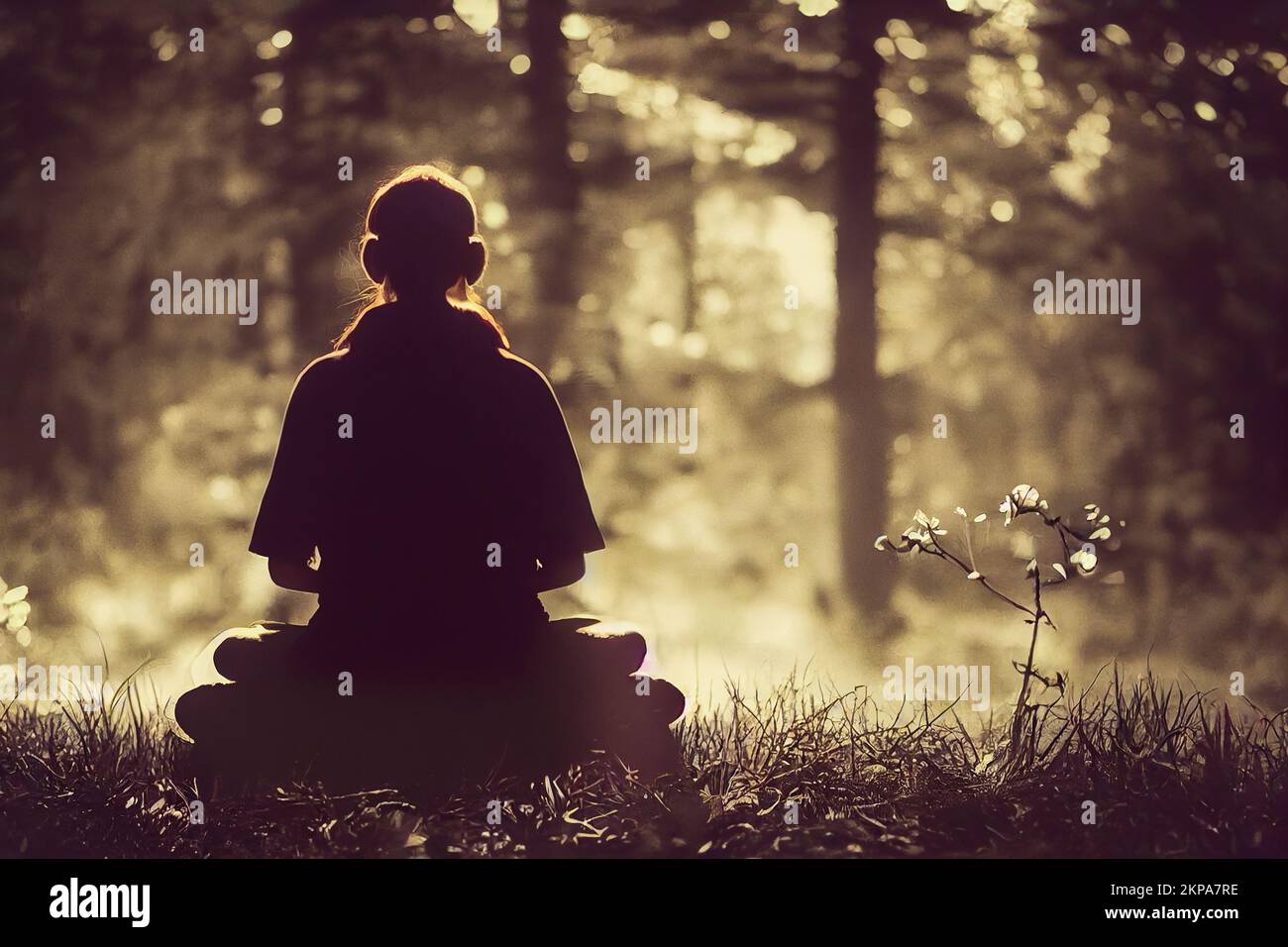 silhouette of a woman sitting on a wood and meditates Stock Photo - Alamy