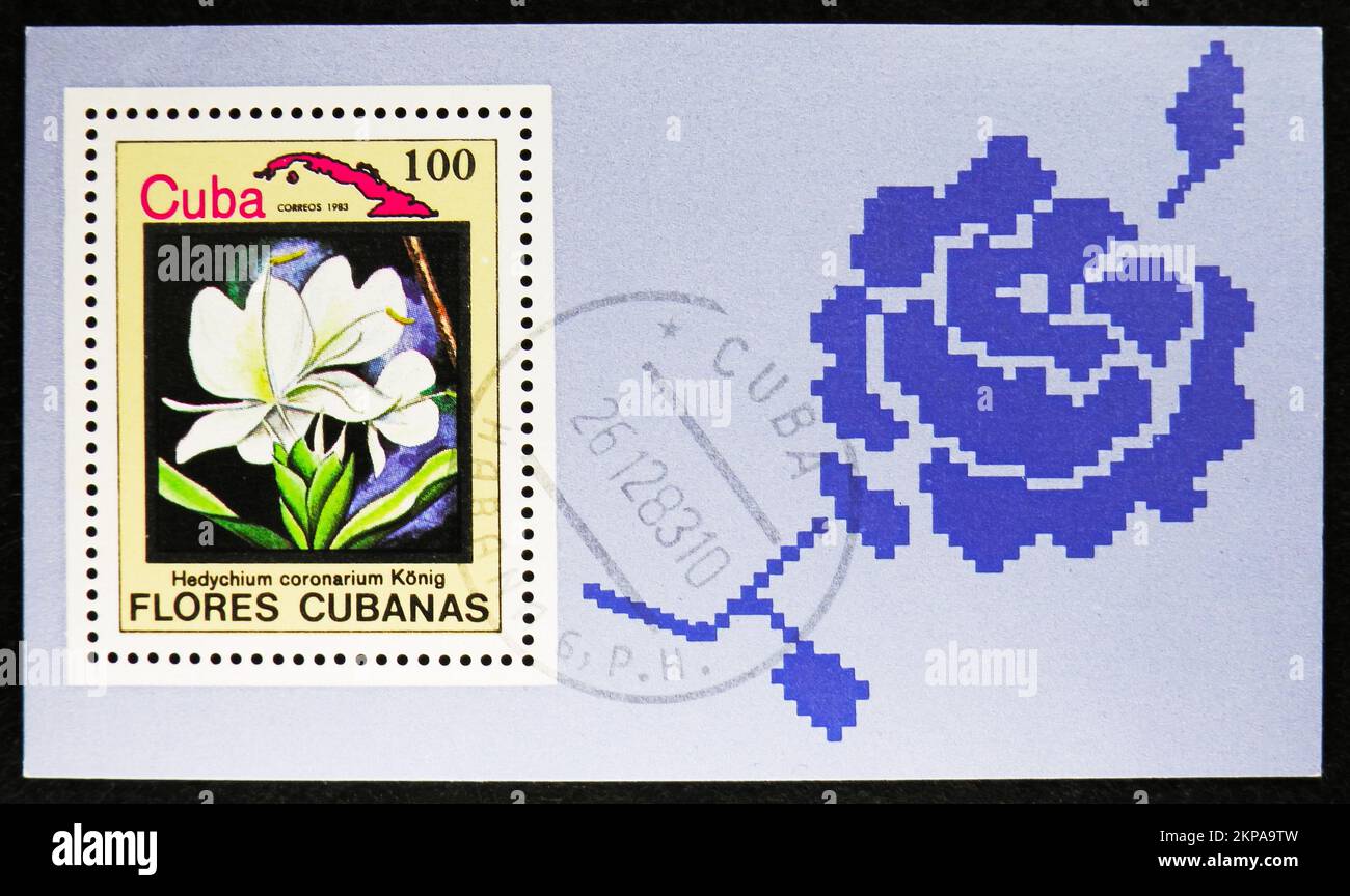 MOSCOW, RUSSIA - OCTOBER 29, 2022: Postage stamp printed in Cuba shows Block: Hedychium coronarium, Flowers of Cuba (Flores Cubanas) serie, circa 1983 Stock Photo