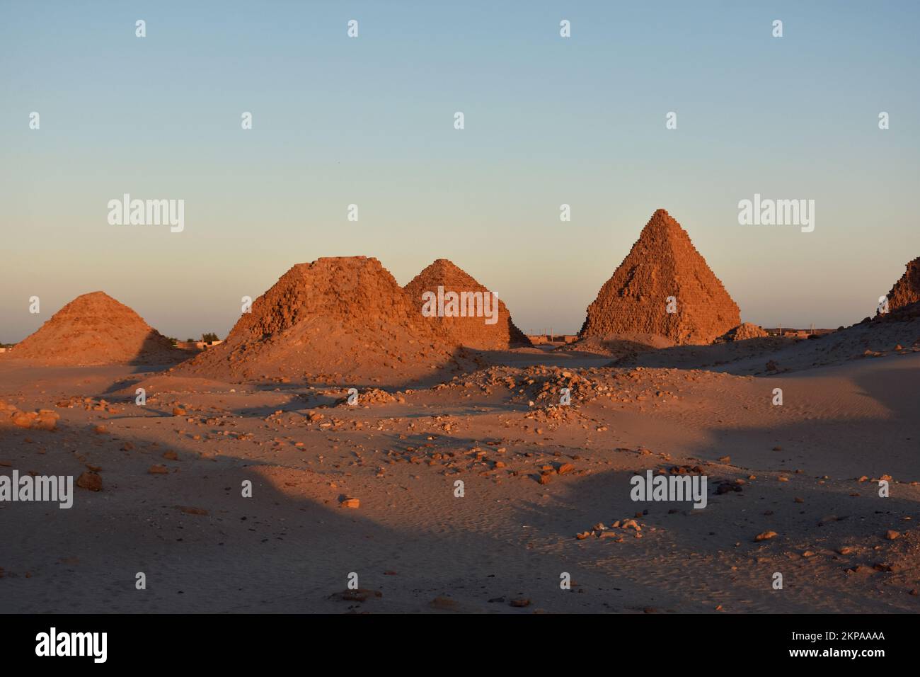 Pyramids of Meroe in Sudan in beautiful evening light. Stock Photo