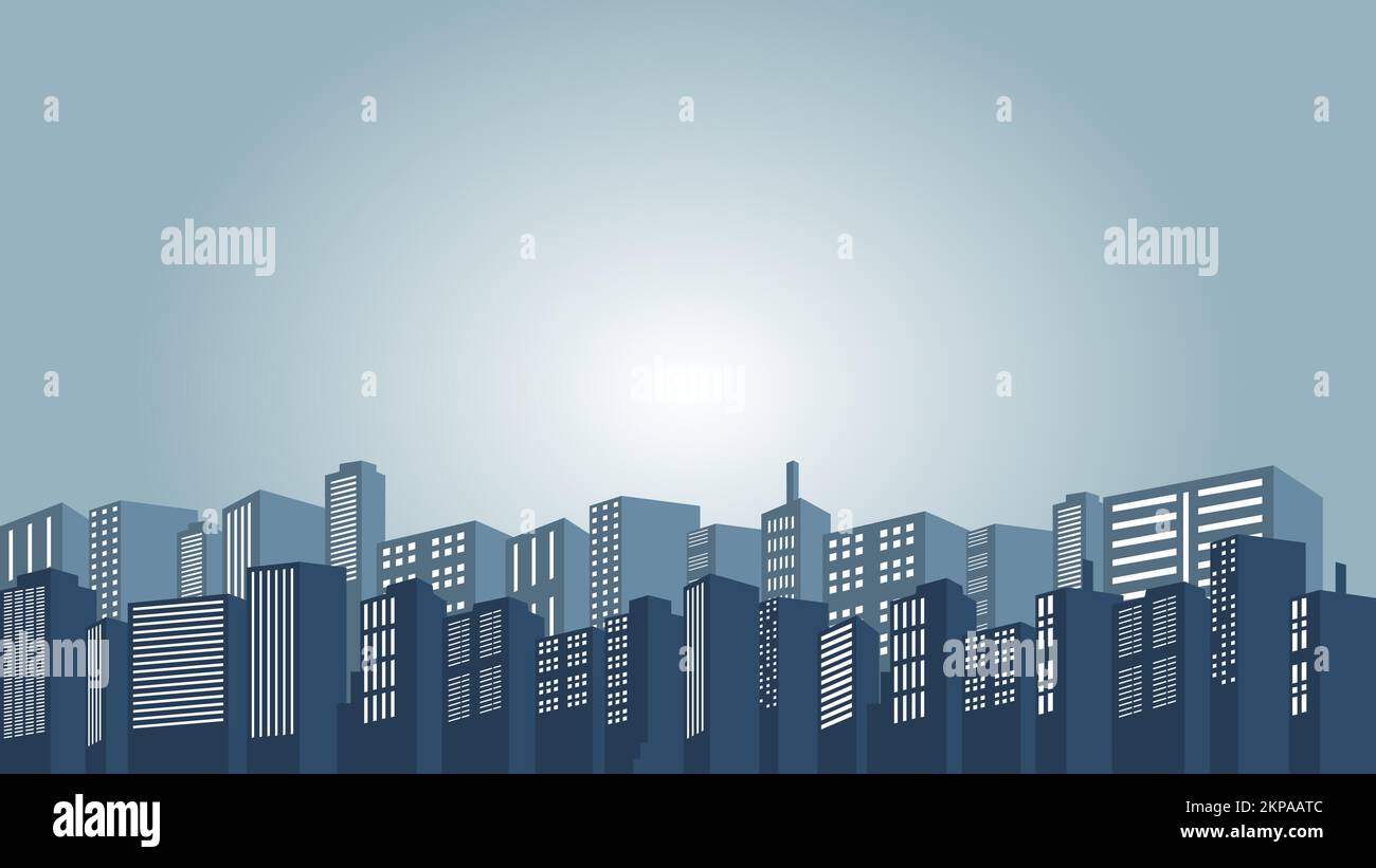 Vector illustration of urban environment with tall buildings at night ...