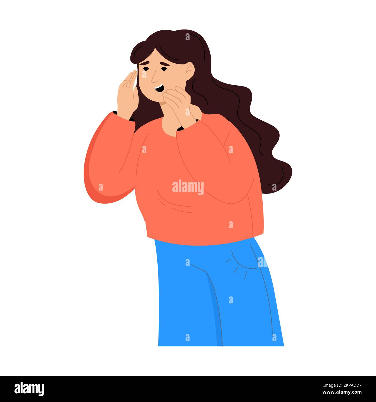 Woman attracts attention. Flat vector illustration isolated on white