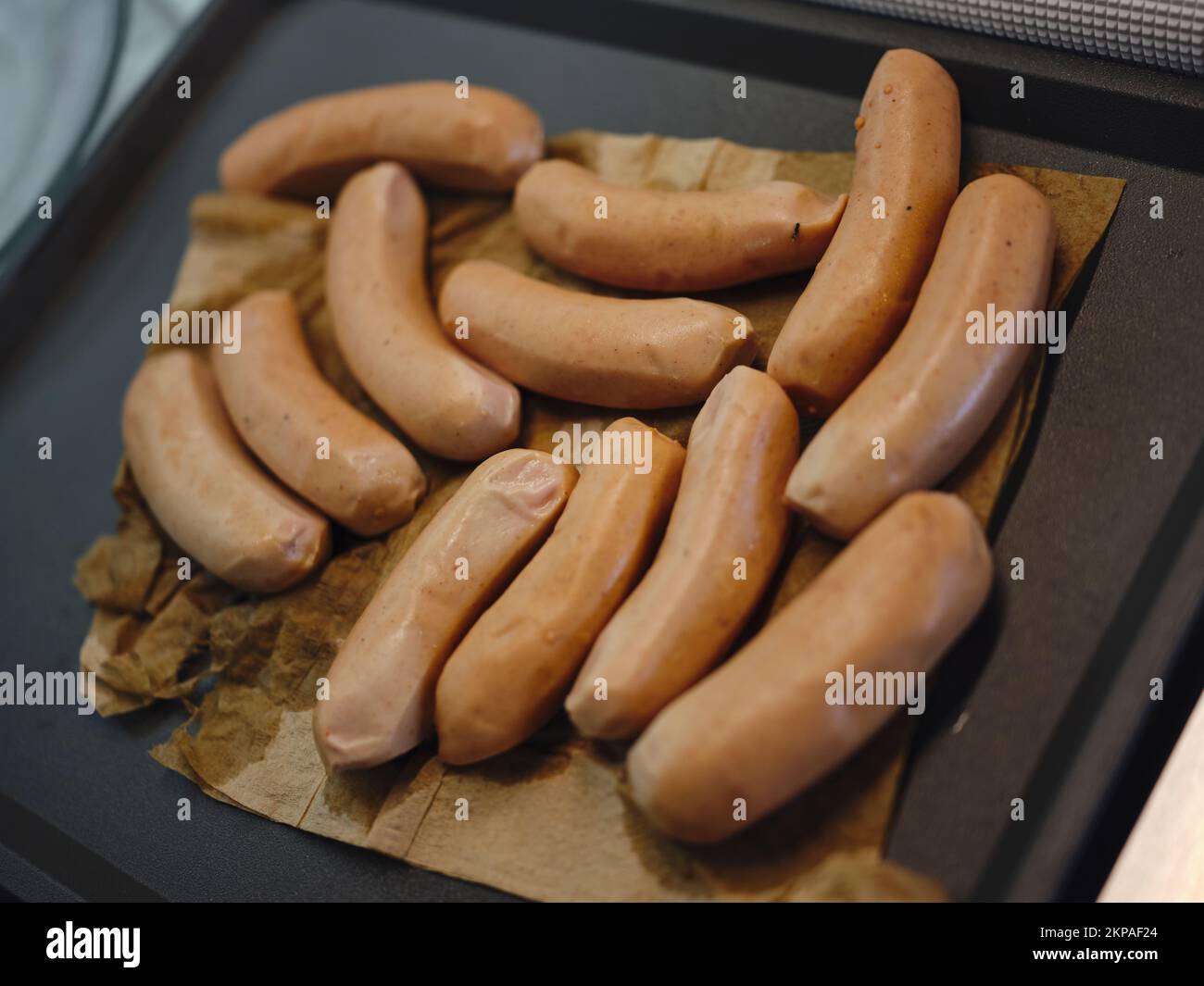 Close up view . Fresh boiled sausage home made Stock Photo