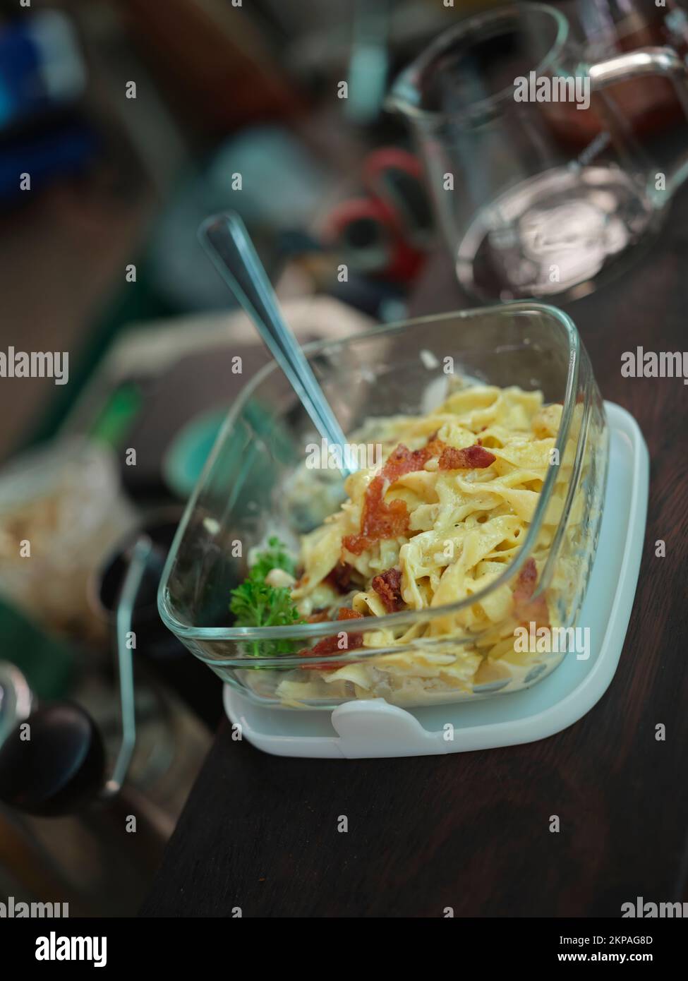 Close up view , Homemade Carbonara pasta Stock Photo