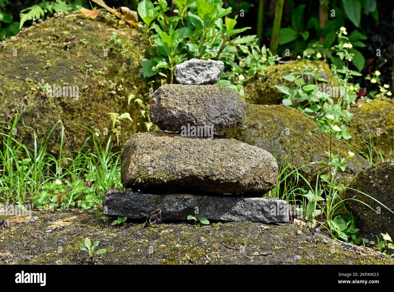 Group of stacked stones on tropical forest in Teresopolis, Rio de Janeiro, Brazil Stock Photo