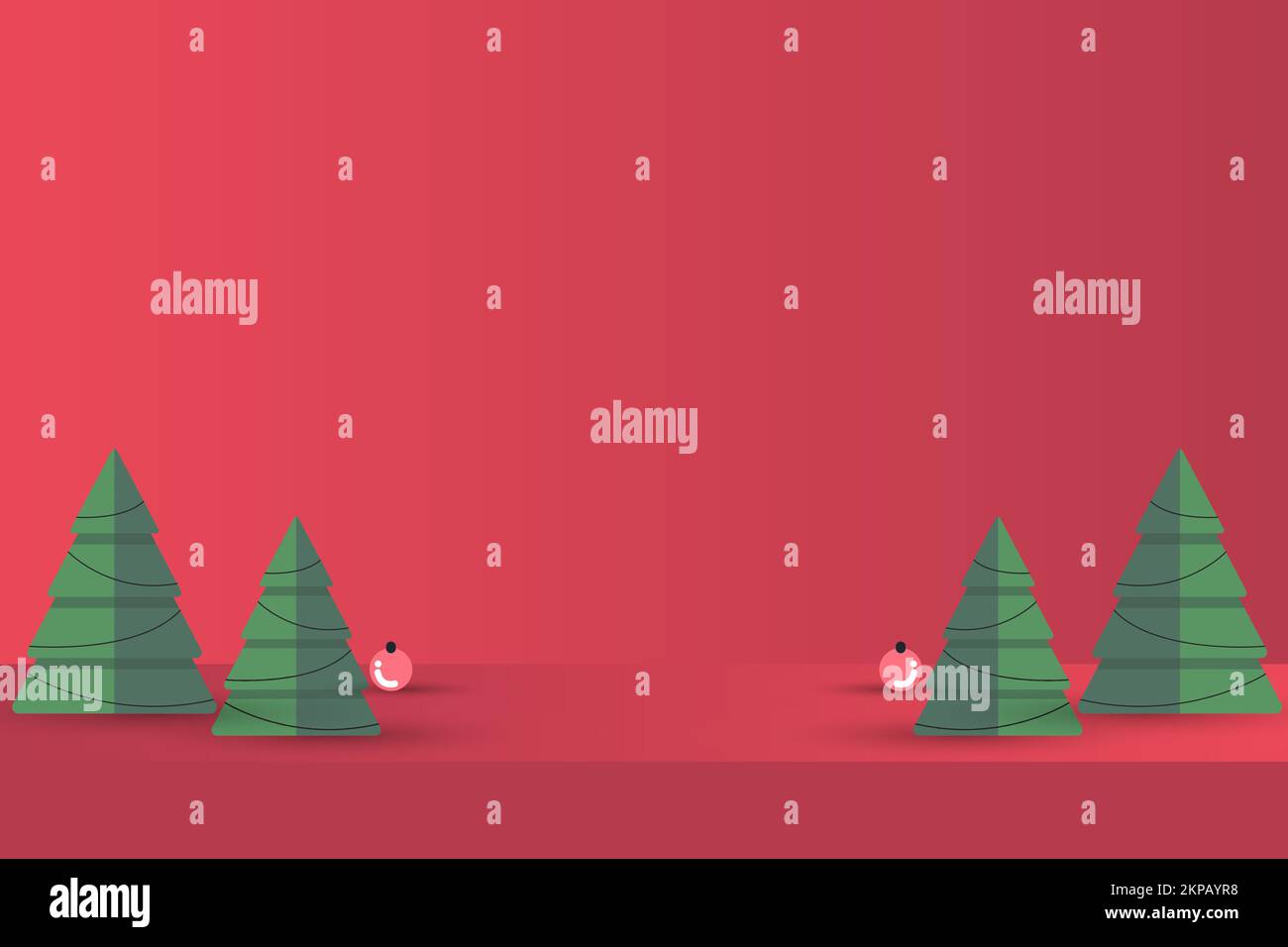 green christmas tree on red paper art abstract background with sky and ...