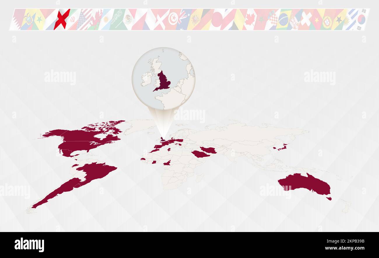 Enlarge the map of England selected on the perspective world map, Infographics about the participants in soccer tournament. Vector illustration. Stock Vector