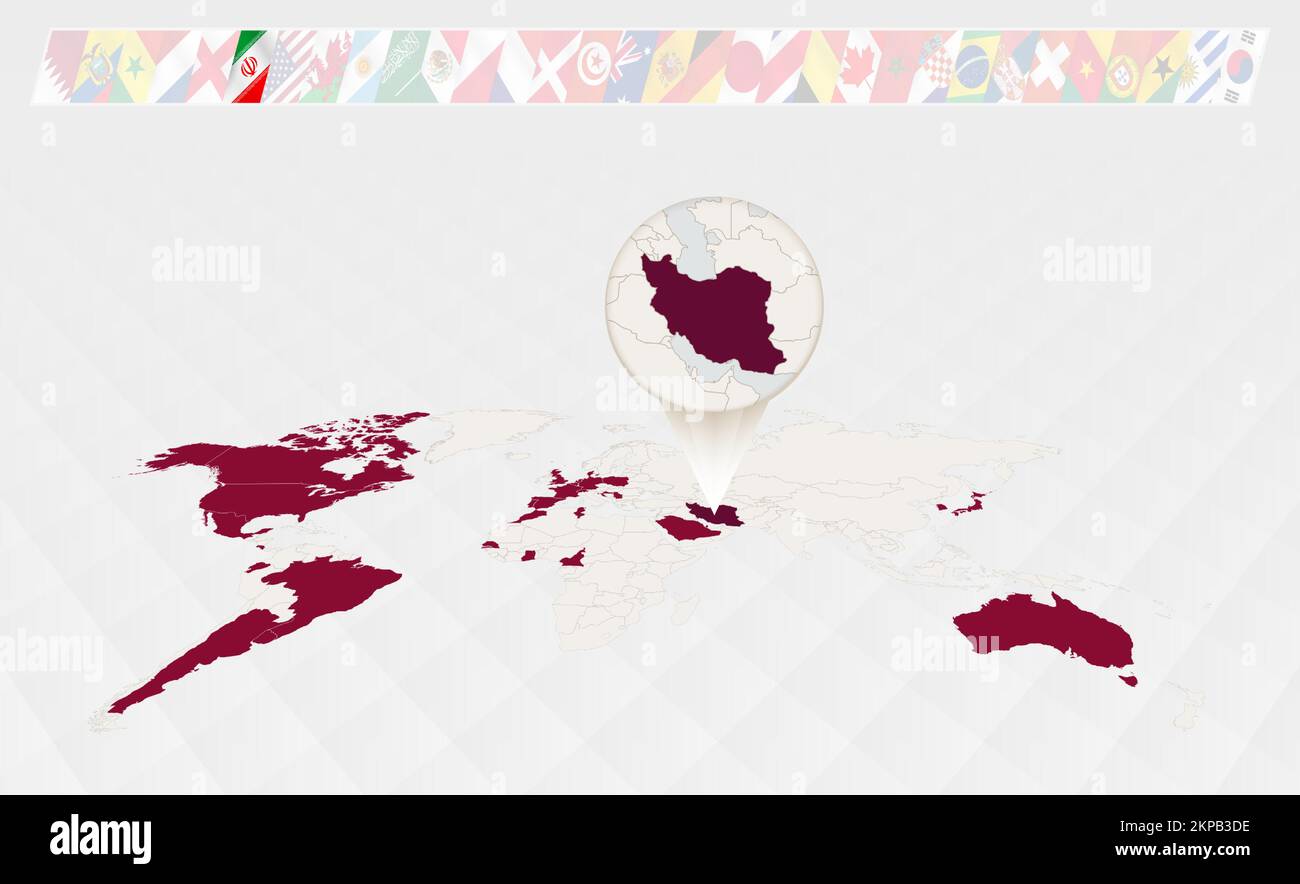 Enlarge the map of Iran selected on the perspective world map, Infographics about the participants in soccer tournament. Vector illustration. Stock Vector