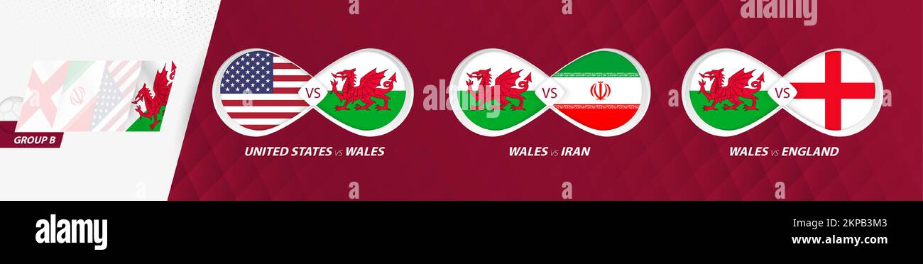 Wales national team matches in group B, football competition 2022, all games icon in group stage. Stock Vector
