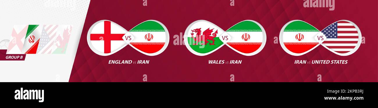 Iran national team matches in group B, football competition 2022, all games icon in group stage. Stock Vector